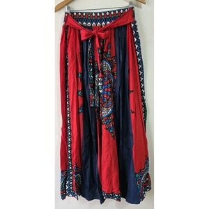 Touch Me Skirt Womans Sz L Elastic Waist‎ Pleated Wrap Tie Boho Hippie Red Denim